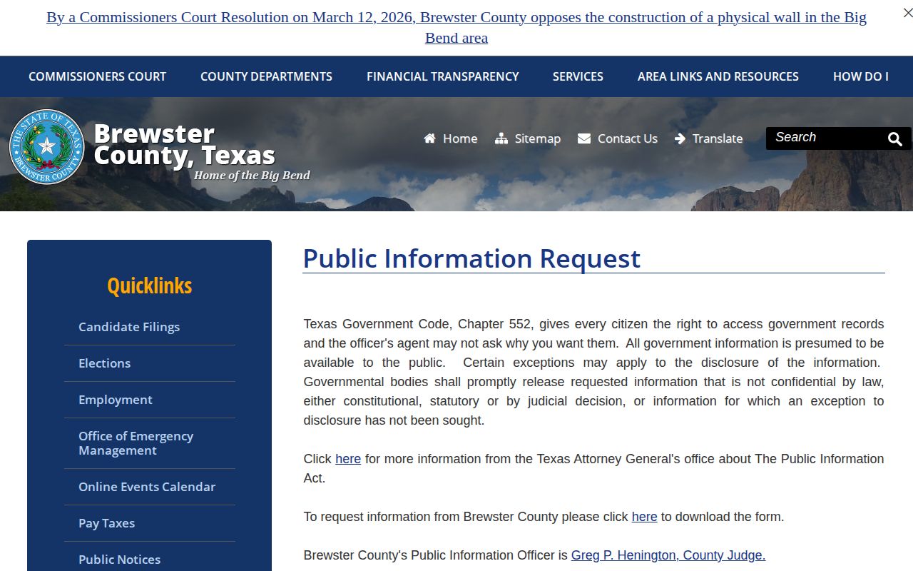 Brewster County booking-record public-information request page