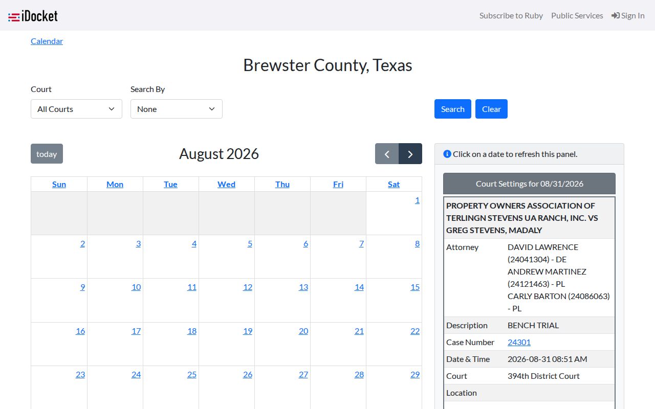 Brewster County court disposition record calendar interface