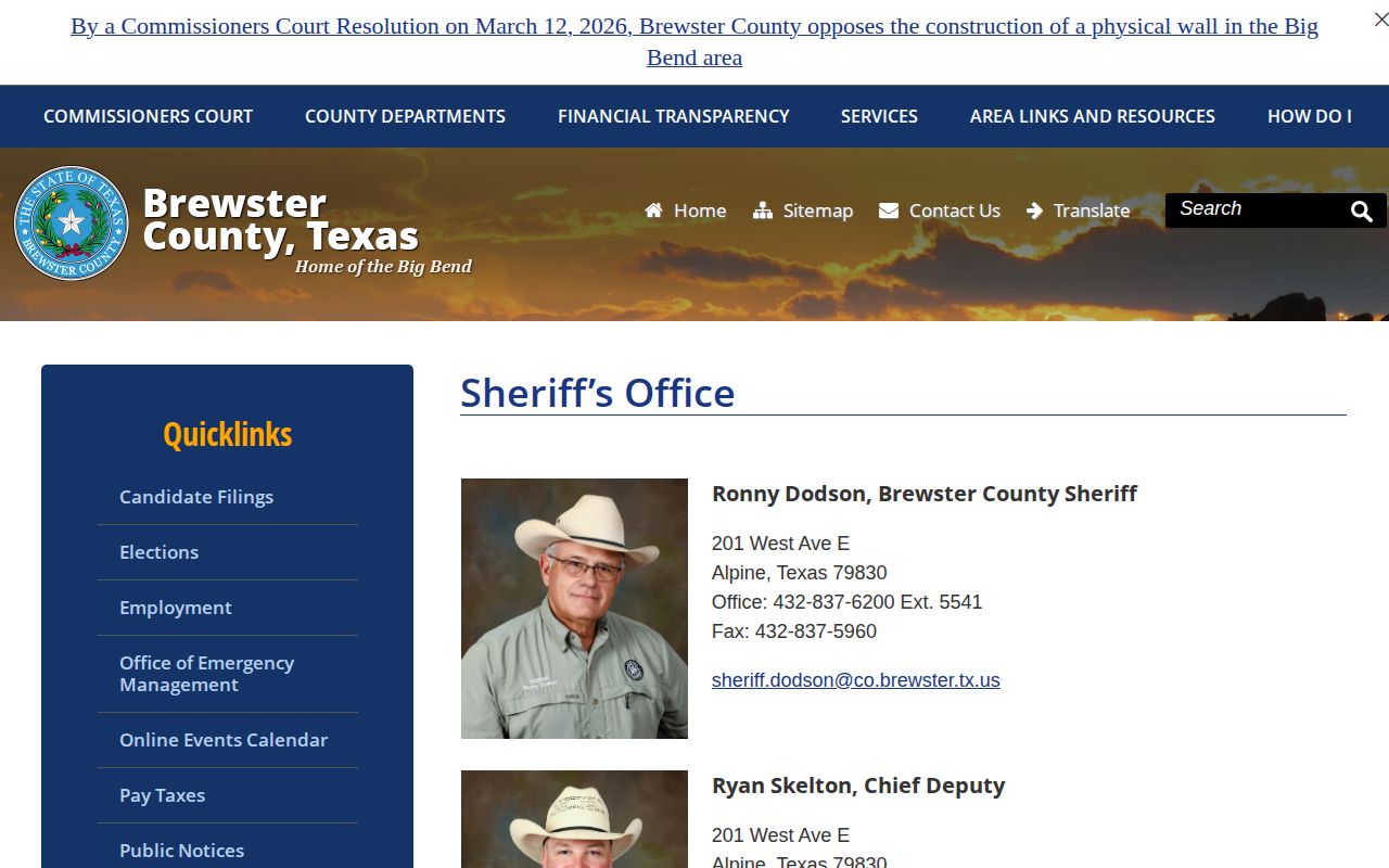 Brewster County Jail booking-record contact page